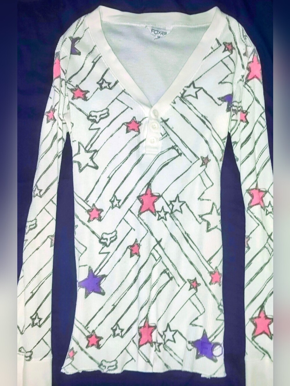 Fox White Button V-Neck Thermal with Pink& Purple Stars Vintage Y2K